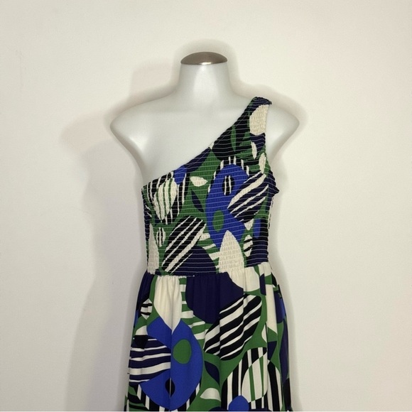 Sugarlips Xandria Geometric Smocked One Shoulder Tiered Maxi Dress Blue Green S - Picture 5 of 10